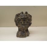 A Pre-Columbian or later figural vessel with jaguar head-dress, 14cm tall, some chipping