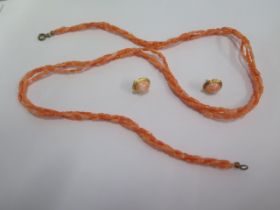 A coral necklace - Length 61cm - and a pair of silver gilt coral earrings - no backs