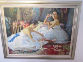 An oil/acrylic on board Ballet Dancers in a silvered frame, frame size 94cm x 120cm - minor marks to