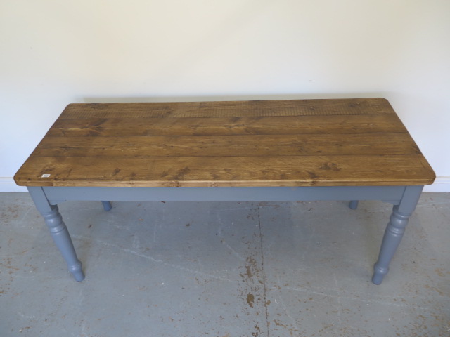 A pine kitchen table with a painted base and thick four plank top - Height 77cm x 178cm x 70cm - Image 2 of 2