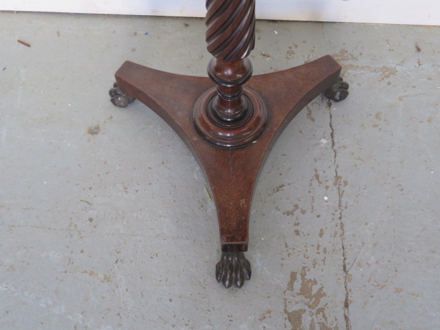 A mahogany wine table on a turned fluted column, platform base and cast iron claw feet - Height 73cm - Image 3 of 3