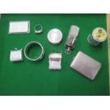 A silver napkin ring, a one ounce silver ingot, a 925 ring and stamp case and coin case and four