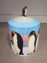 A Sally Tuffin Penguin lidded pot - some crazing, chip to beak otherwise good