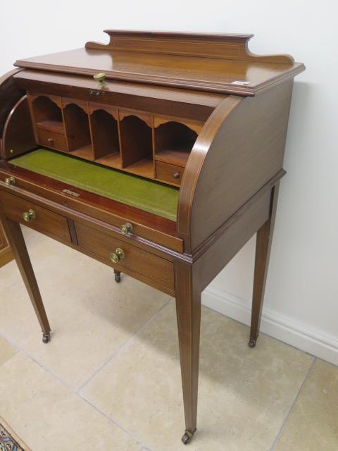 An Edwardian inlaid mahogany cylinder top writing desk with a fitted interior over two frieze - Image 3 of 3
