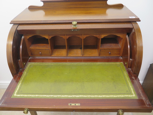 An Edwardian inlaid mahogany cylinder top writing desk with a fitted interior over two frieze - Image 2 of 3