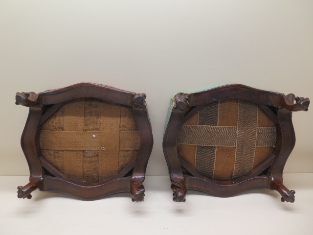 A pair of upholstered walnut foot stools - Height 16cm x 35cm x 31cm - Image 2 of 4