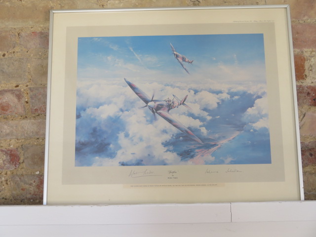 A Robert Taylor print Spitfire signed by Douglas Bader and Johnnie Johnson - frame size 52cm x 62cm