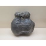 A Pre-Columbian black ware pottery erotic vessel, 17cm x 18cm - damage to spout