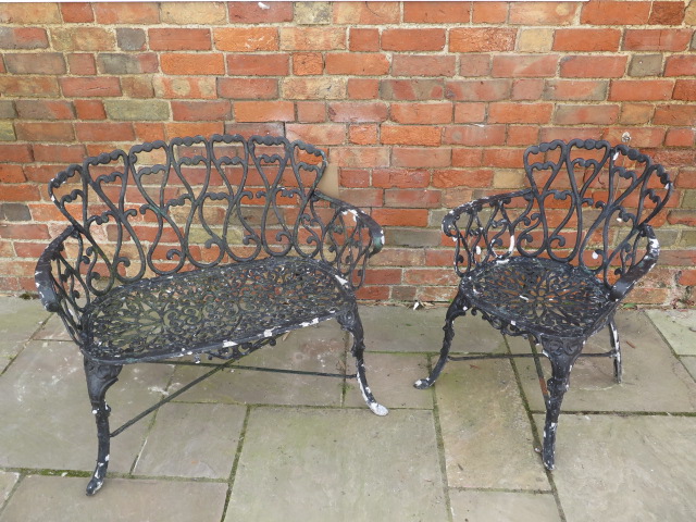 A vintage cast aluminium Love Heart design painted two seater bench - Width 94cm x Depth 53cm x