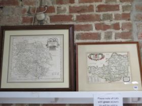 A coloured map of Somerset by Blome and a map of Hertfordshire by Robert Morden - frame size 58cm