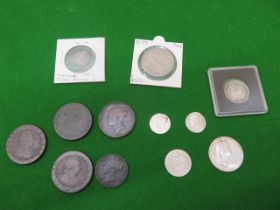 Assorted coinage to include silver 1902 medallion, 1858 shilling, 1819 sixpence, 1678 Maundy 2 pence