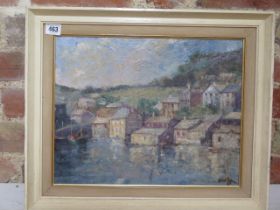 Robert Hope oil on board of Polperro with 1959 exhibition label verso, frame size 42cm x 50cm