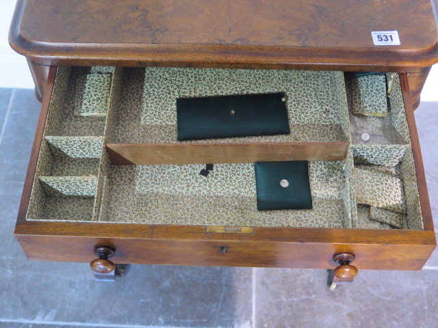 A Victorian burr walnut workbox with a fitted drawer and basket on shaped fretted supports united by - Image 2 of 2