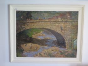 A 20th century oil on board The Bridge by Max Nowakowsky 1887-1959 Russian - 82cm x 102cm frame size