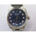 A 1973 Rolex Oyster Perpetual stainless steel Air-King bracelet watch with blue dial and diamond