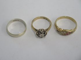 Two 9ct yellow gold rings and a 9ct white gold band ring sizes K,L,N - approx weight 8 grams - all