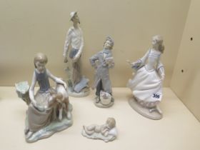 Five Lladro figures - tallest 30cm - all good except sword blade missing to one