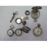A silver pocket watch case, silver wristwatch, silver pocket watch, a plated pocket watch (all are