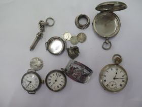 A silver pocket watch case, silver wristwatch, silver pocket watch, a plated pocket watch (all are