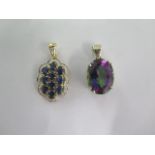 A 9ct white gold Mystic Topaz pendant and a 9ct yellow gold sapphire and diamond pendant - 30mm
