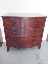 A Georgian mahogany four drawer bow fronted chest on bracket feet - Height 91cm x 89cm x 50cm