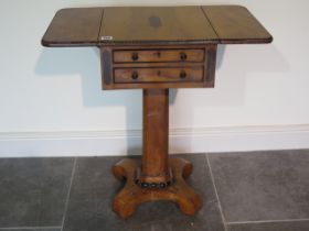 A 19th century satin walnut and ebony strung drop leaf work table with a single double drawer on