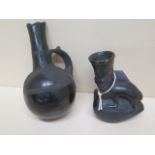 A Pre-Columbian or later black ware vessel with a human faced animal, 12cm tall, sound condition,