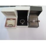 Two Pandora silver rings sizes K and L and a Clogau rolled gold ring size J - all generally good