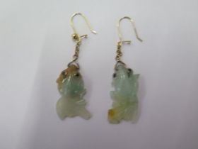 A pair of Jade fish earrings on gilt metal hooks (missing a ball) 5.5cm