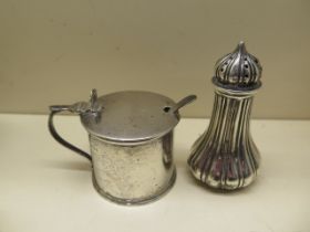 A silver mustard with a blue glass liner and a silver pepper - weighable silver approx 4.6 troy oz