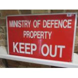 An original 'Ministry of Defence Property Keep Out' metal sign, salvaged from Oakington former RAF/
