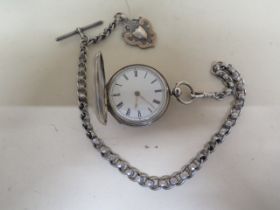 A ladies silver pocket watch and watch chain - total weight approx 3.5 troy oz