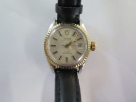 A ladies Tudor Rolex Princess Oysterdate Rotor self winding bi metal wristwatch on leather strap -