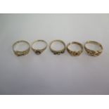 Five 9ct yellow gold rings (one cut) - total weight approx 6.8 grams