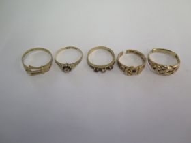 Five 9ct yellow gold rings (one cut) - total weight approx 6.8 grams