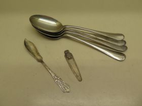 Four silver rats tail table spoons - Length 22cm - and a silver butter knife - total weight approx