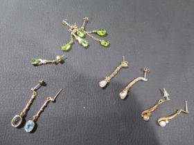 Five pairs of 9ct gold drop earrings including opal, pearl - total weight approx 11.2 grams