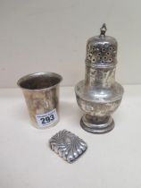 A white metal vesta case - approx 4.2cm x 3cm - together with a Victorian silver sugar sifter,