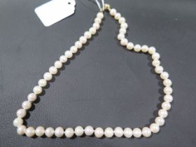 A string of small white cultured pearls fitted with a 9ct yellow gold ball clasp - 440mm long