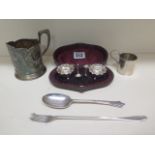 Two Victorian salts and spoons in a fitted box, a silver Christening jug, a Victorian silver