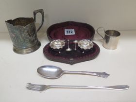 Two Victorian salts and spoons in a fitted box, a silver Christening jug, a Victorian silver