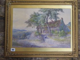 A watercolour of a cottage with hills and trees signed W Wilde 62