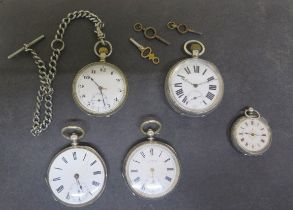 Three silver cased pocket watches - one working - together with a French engraved silver cased fob