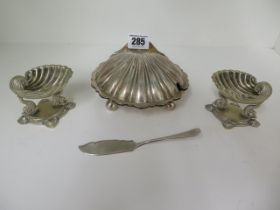 A pair of good quality, possibly silver salts - not hallmarked or tested - and plated dish and glass