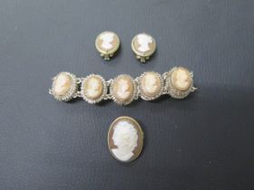 A suite of silver cameo jewellery - bracelet, earrings and brooch