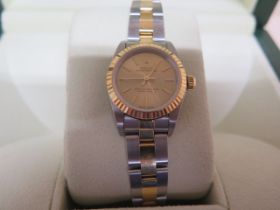 A ladies bi metal Rolex Oyster Perpetual wristwatch with box - model number 76193 2003 model, serial