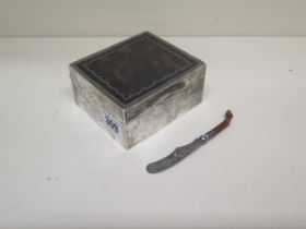 A silver and tortoiseshell cigarette box, approx 10cm x 9cm x 5cm and an Edwardian silver page