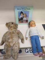 A Kathe Kruse doll and book and a vintage teddy bear