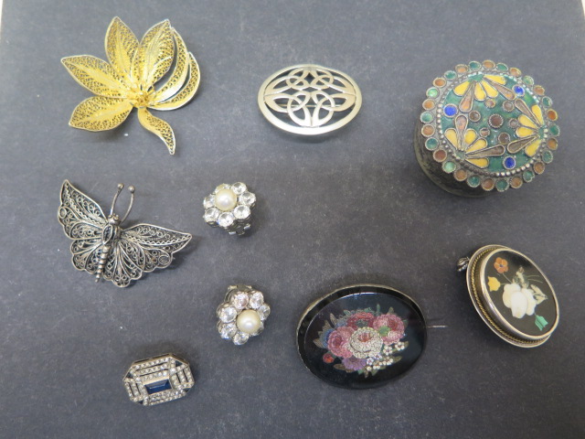 Six silver brooch's including micro-mosaic and Pietra dura together with a pair of silver clip