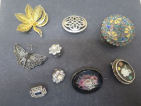 Six silver brooch's including micro-mosaic and Pietra dura together with a pair of silver clip